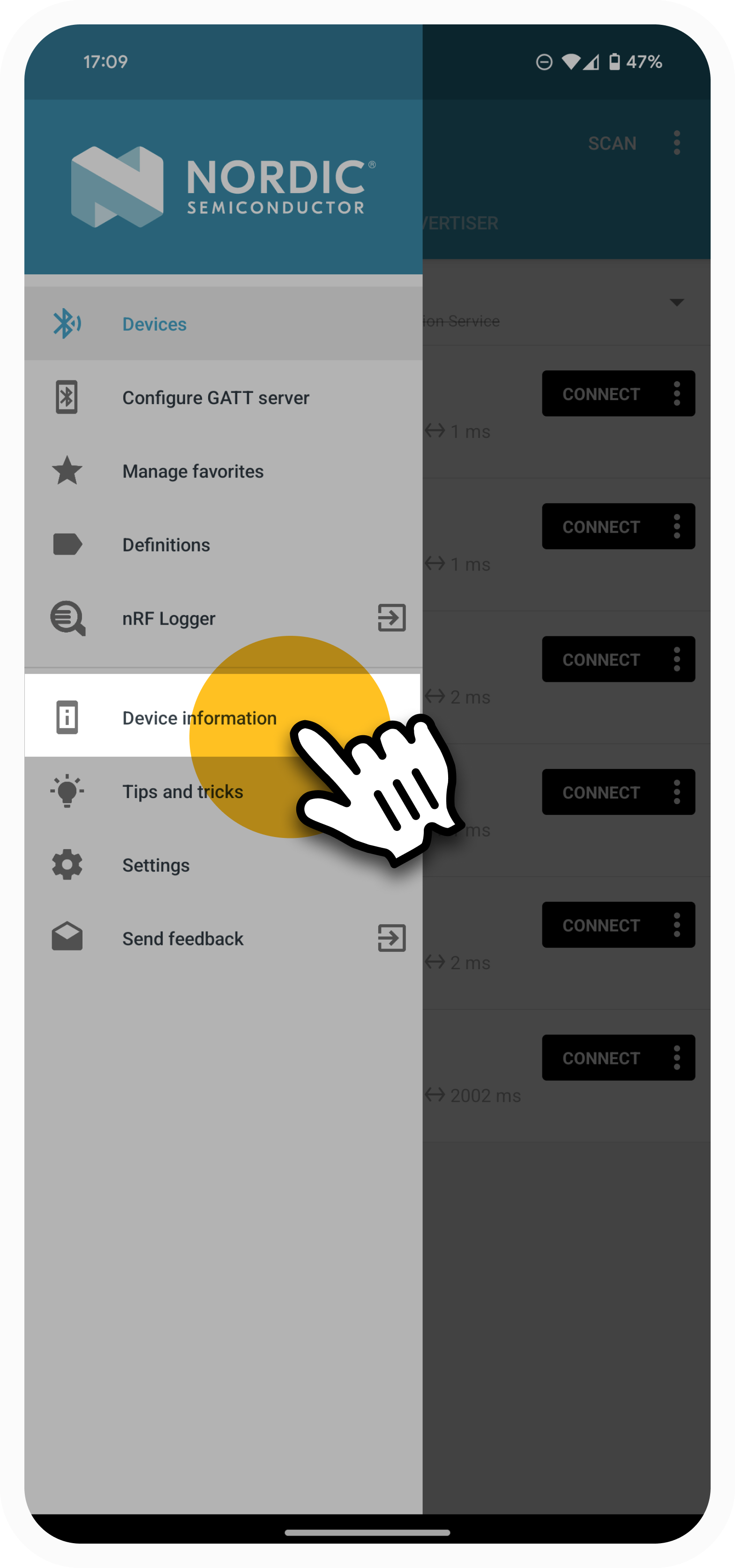 The Device information option in the Nordic app menu
