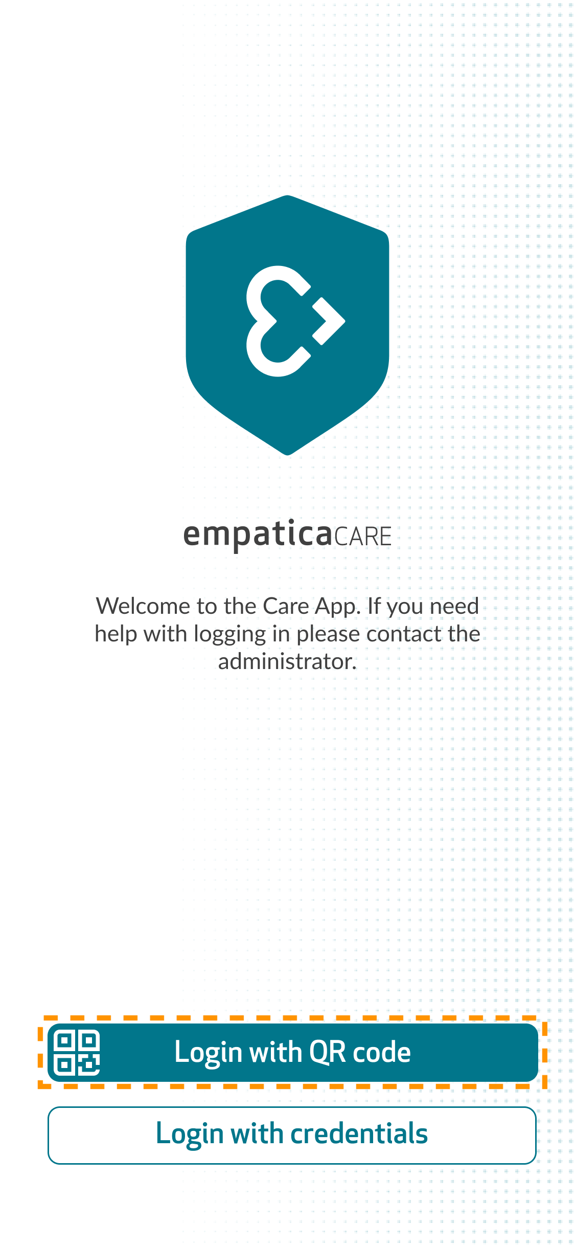 The Care App login screen with the Login with QR code button