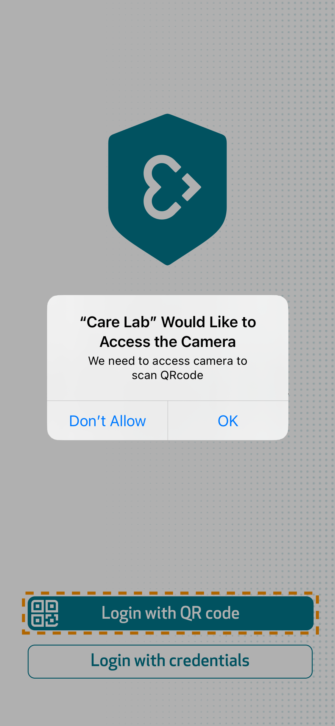 The camera permission prompt in the Care App