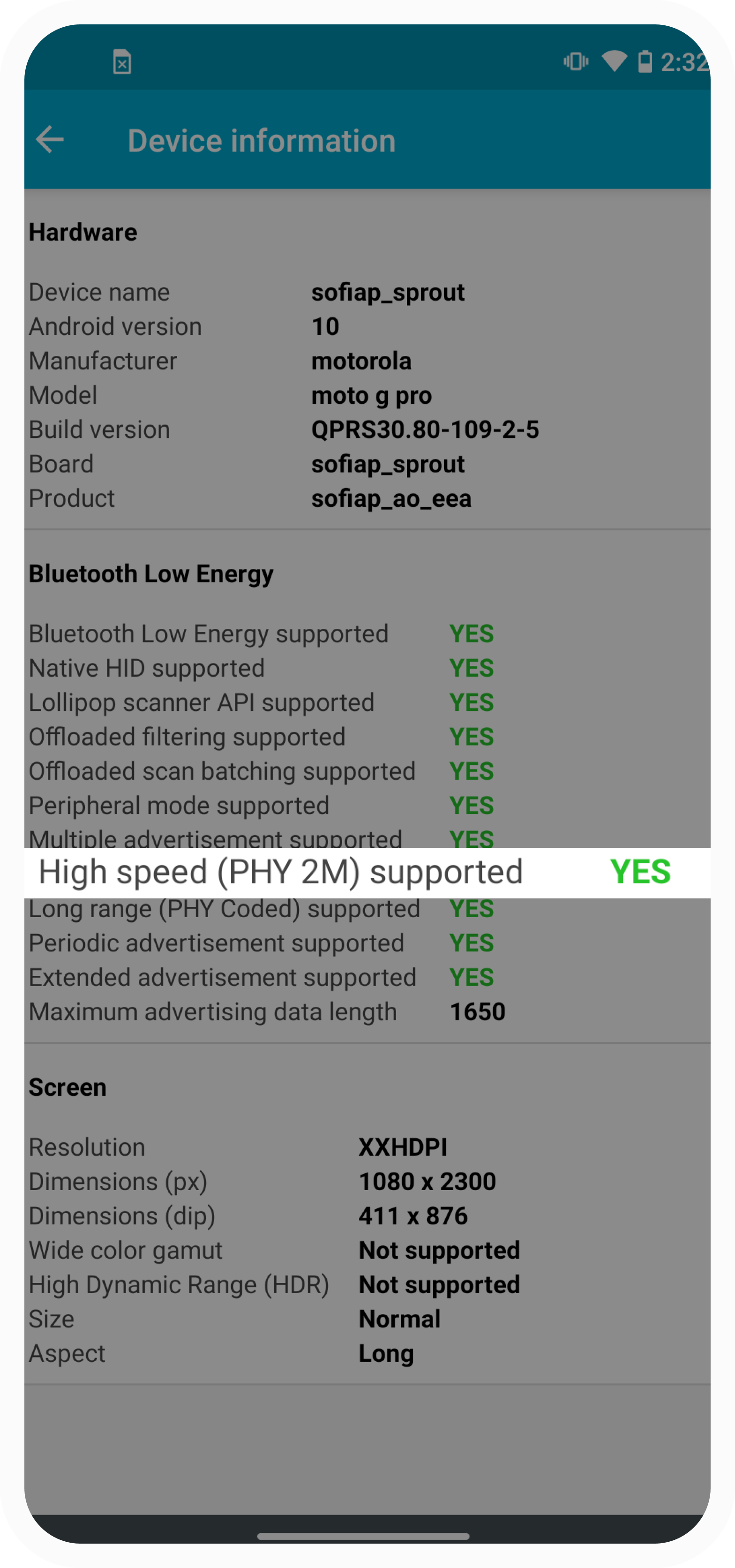 The Bluetooth Low Energy section showing PHY 2M support