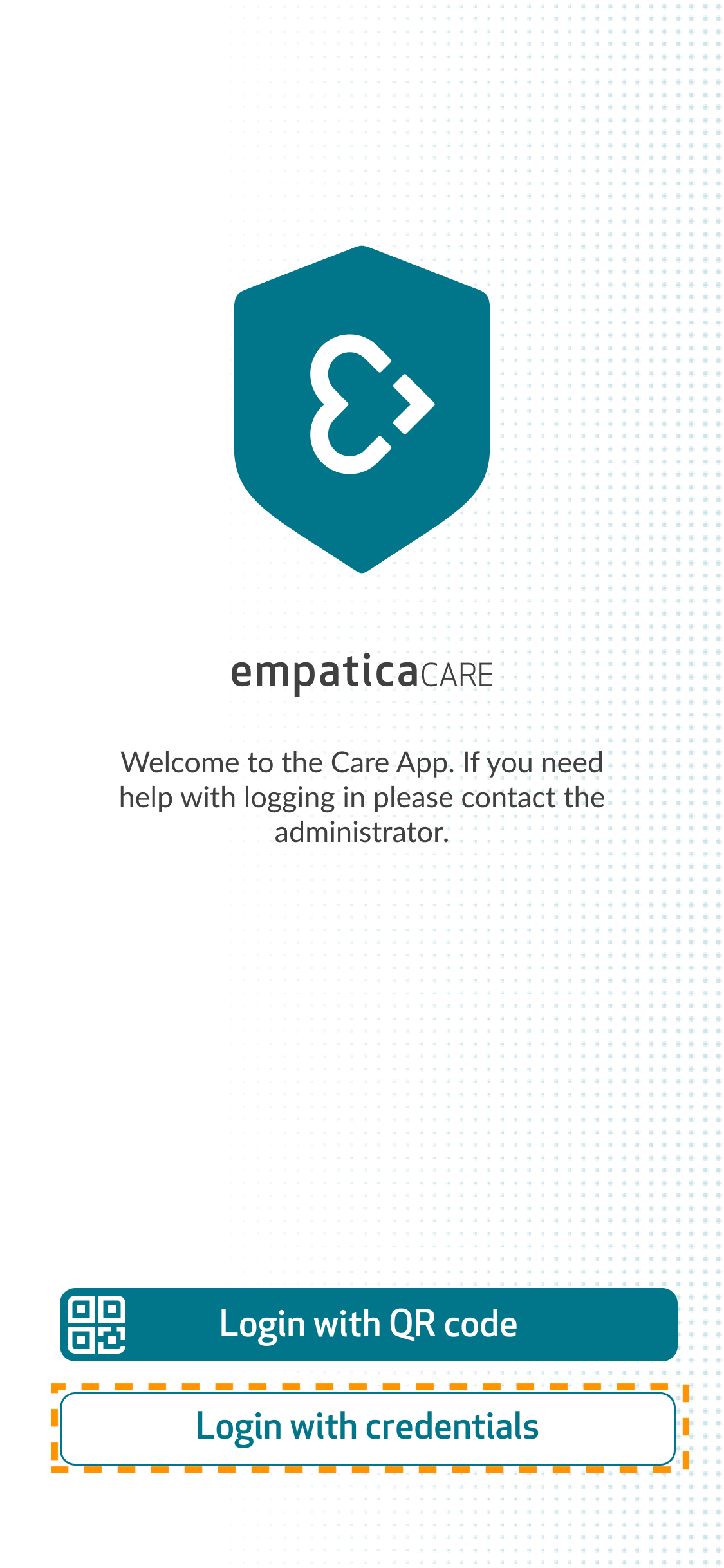 The Care App login screen with the Login with credentials button