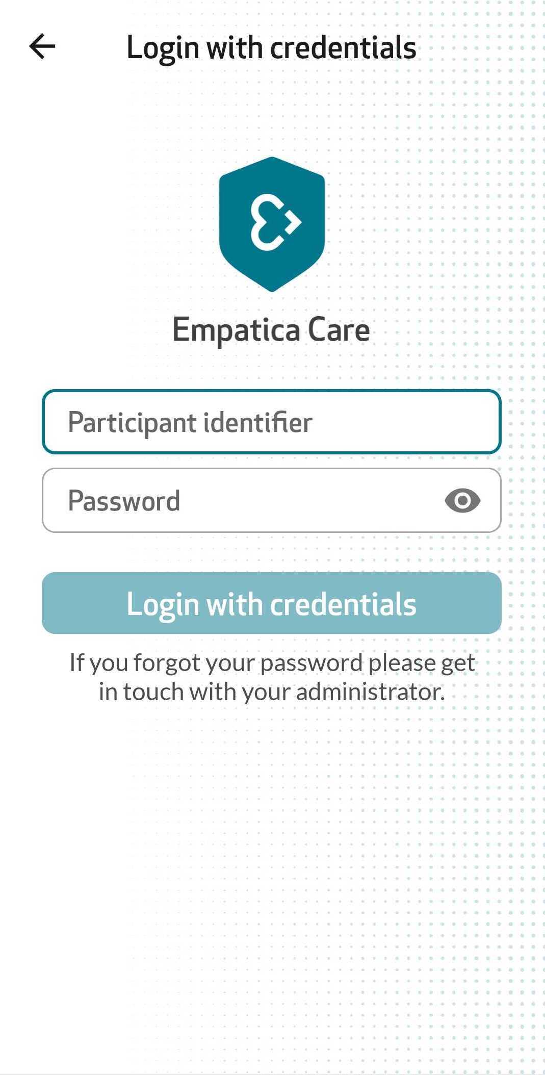 The Care App credentials screen with both fields filled in